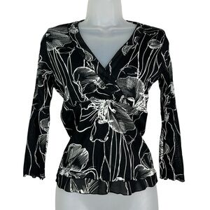 B Moss Vintage Y2K Black White Floral Sheer Lettuce Trim Babydoll Blouse Medium